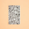 A rectangular sticker with a white cover decorated with black hand-drawn doodles, centered on a solid peach-coloured background.