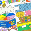 A colourful, hand-drawn style graphic print featuring cartoon elements and text, including the word 'FRIENDS' at the top, a blue book with 'abc!' on the cover, a yellow basketball, a pink star, and a green and yellow vehicle at the bottom right, all on a white background.