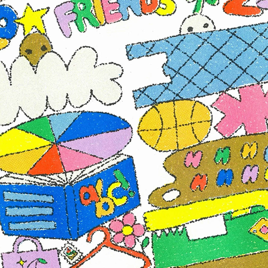 A colourful, hand-drawn style graphic print featuring cartoon elements and text, including the word 'FRIENDS' at the top, a blue book with 'abc!' on the cover, a yellow basketball, a pink star, and a green and yellow vehicle at the bottom right, all on a white background.