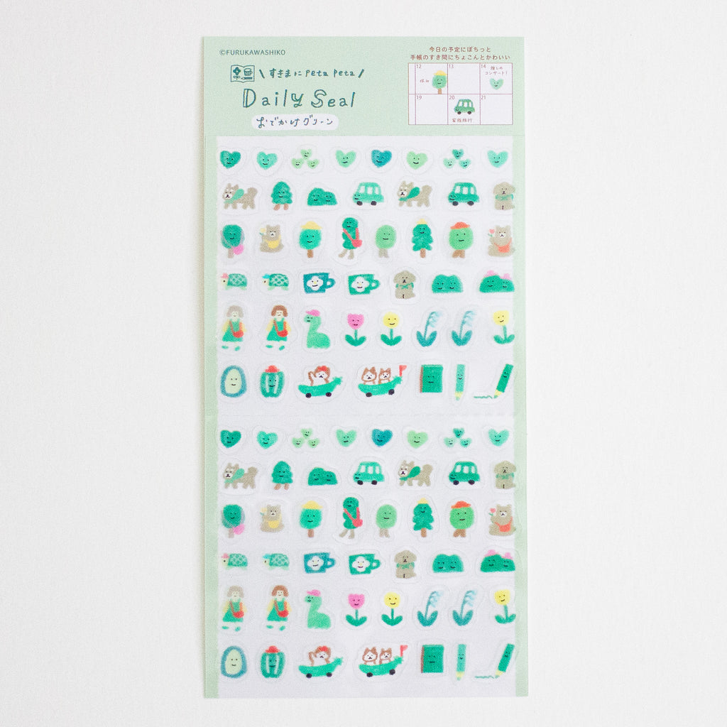 A sheet of cute daily planner stickers with various illustrated characters, animals, and objects in shades of green, teal, and pastel colours, presented on a light mint green backing card.