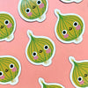 Pattern of cartoonish green onions with faces on a pink background
