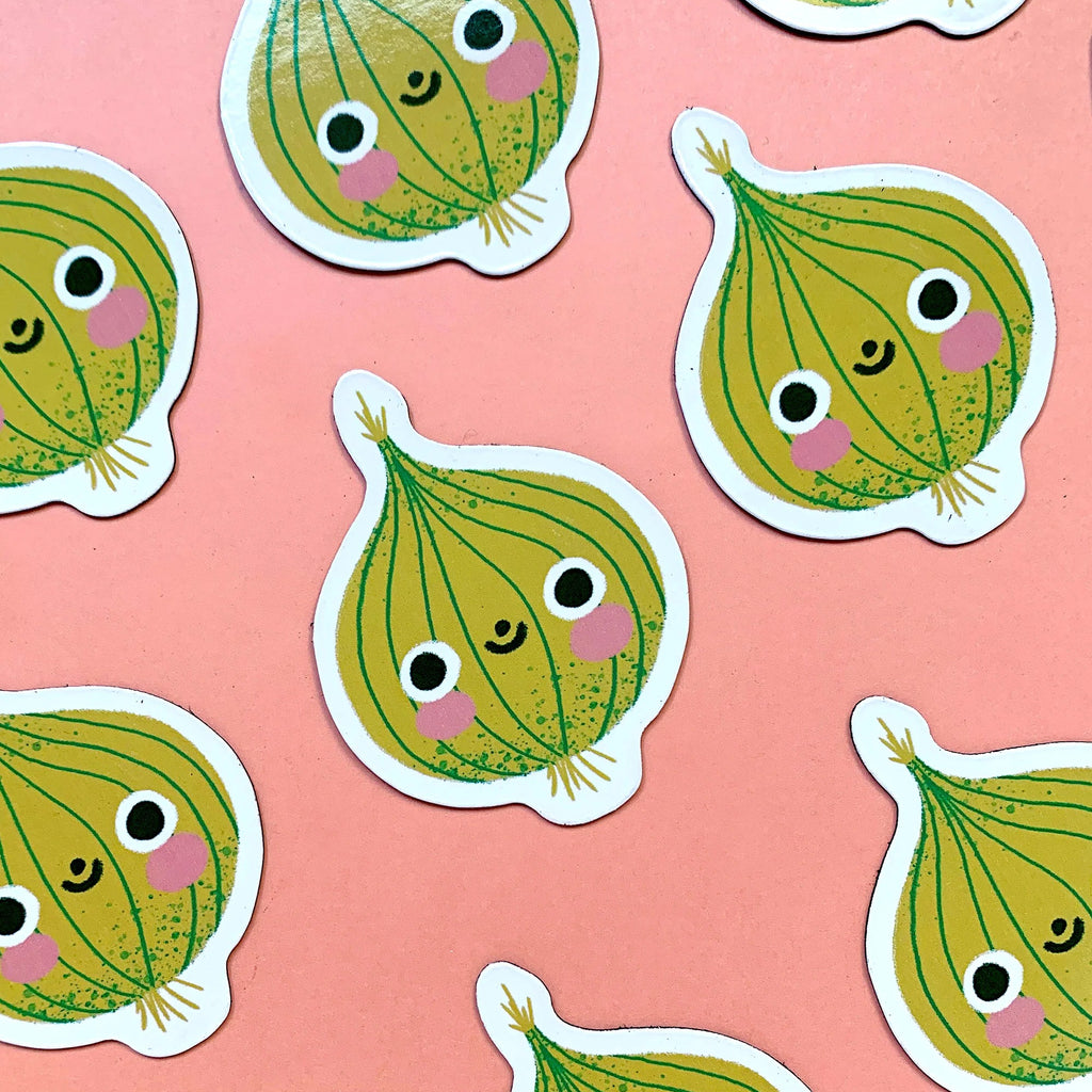 Pattern of cartoonish green onions with faces on a pink background