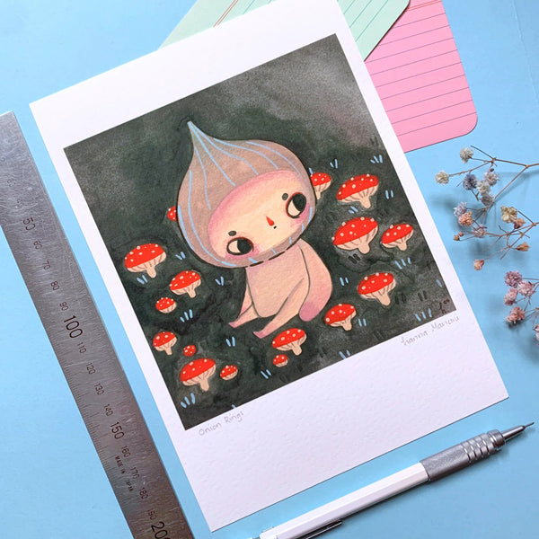 Illustration of a cute character surrounded by mushrooms on a piece of paper with a pen and ruler on a blue background.