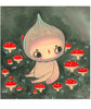 Illustration of a small figure with a hood surrounded by red mushrooms on a dark background