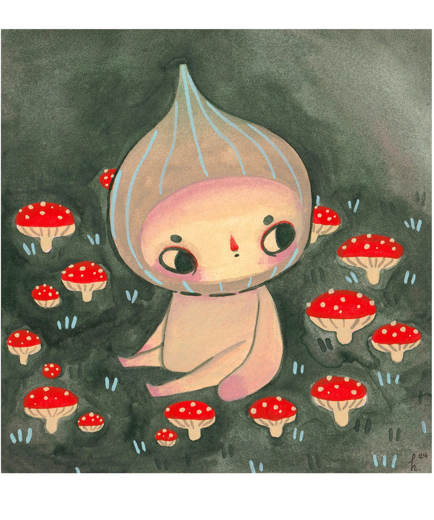 Illustration of a small figure with a hood surrounded by red mushrooms on a dark background