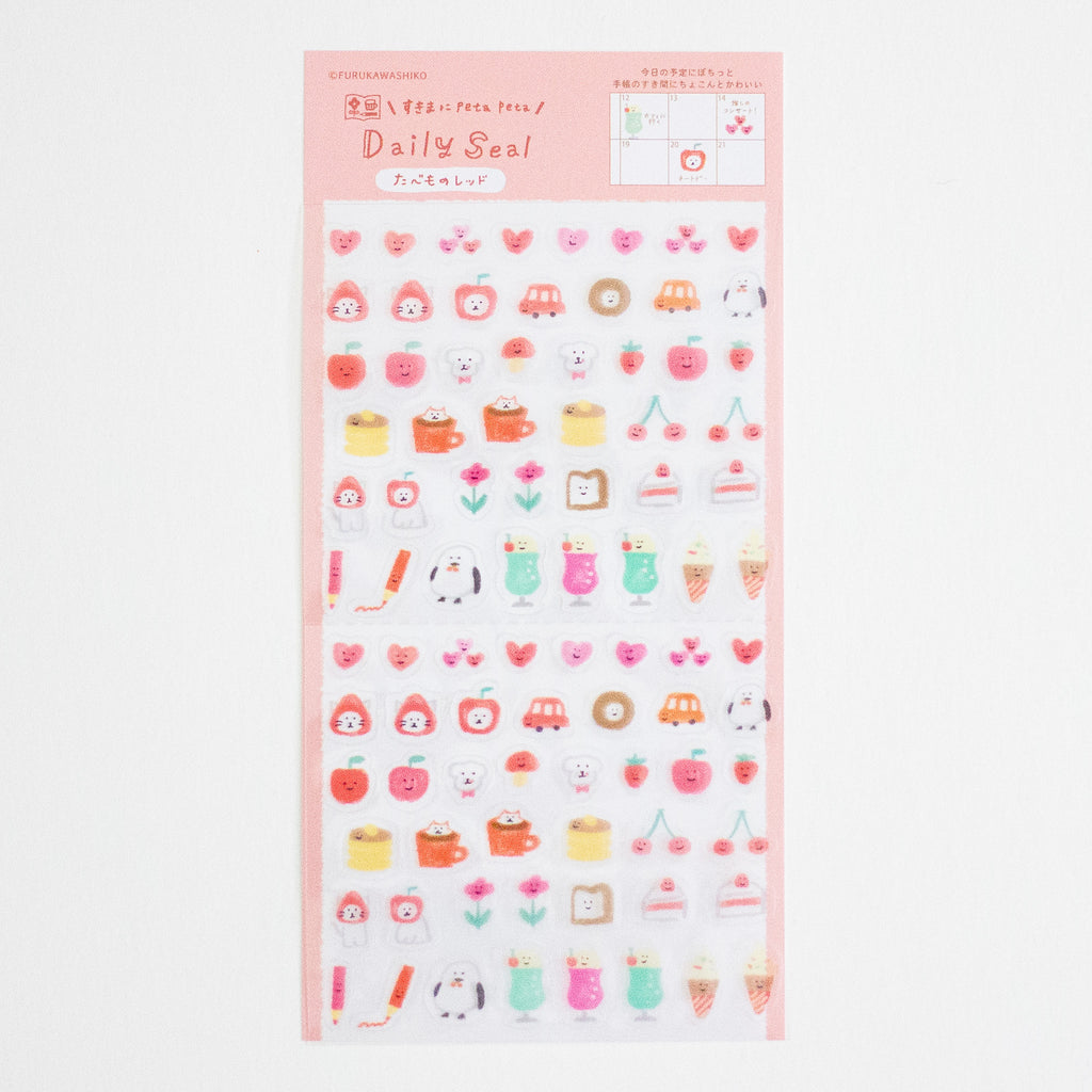 A sheet of cute daily seal stickers with various food and character illustrations on a white background, featuring a pink header card.