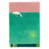 A stylised art print or painting featuring a white duck with yellow legs and beak, standing on a large green field under a dusty pink sky. A small yellow crescent moon glows in the lower right of the field.