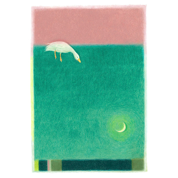A stylised art print or painting featuring a white duck with yellow legs and beak, standing on a large green field under a dusty pink sky. A small yellow crescent moon glows in the lower right of the field.