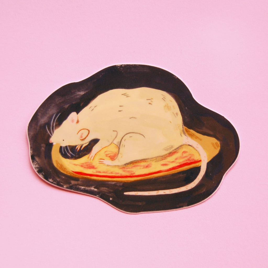 An illustrated sticker of a rat eating a slice of pizza with a dark outline against a pink background. 