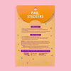 A yellow and orange backing card for Missy Minzy nail stickers, featuring product instructions and branding on a solid pink background.