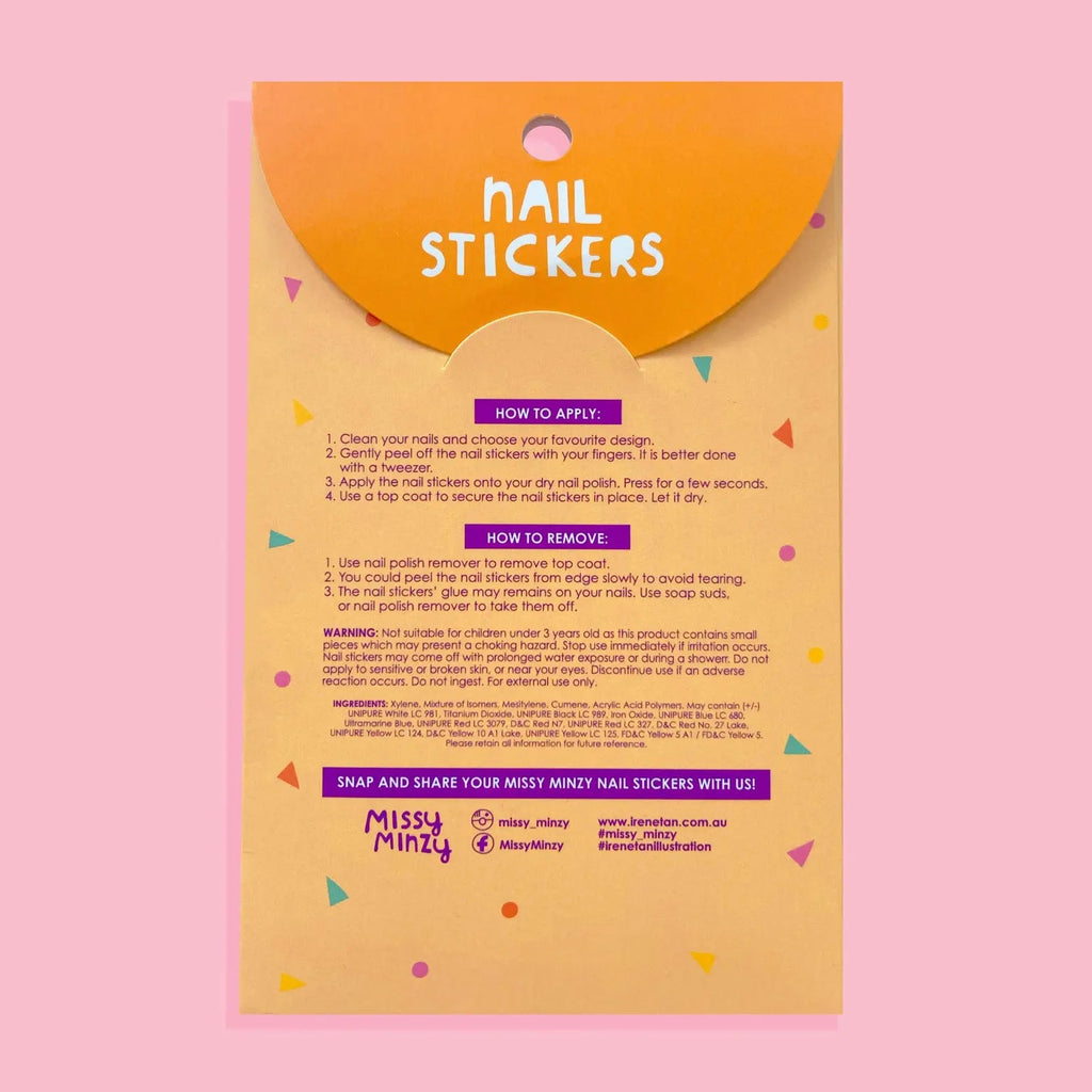 A yellow and orange backing card for Missy Minzy nail stickers, featuring product instructions and branding on a solid pink background.