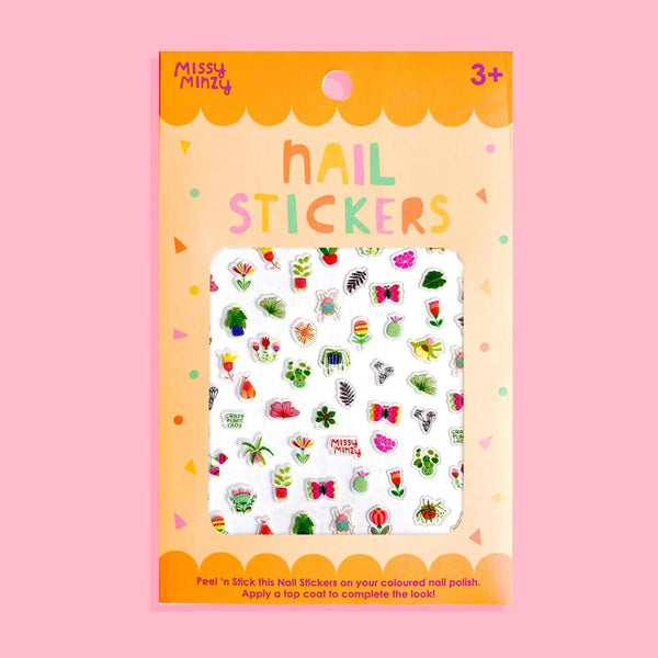Missy Minzy nail stickers in a clear plastic sleeve with a yellow-orange backing card, featuring various colorful nail art designs like butterflies, flowers, and pot plants on a pink background.