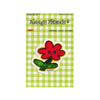 A red flower vinyl sticker with a smiling face and green leaves, shown on a light green and white checkered backing card labeled 'Always's Friends' and 'Original Vinyl Sticker'.