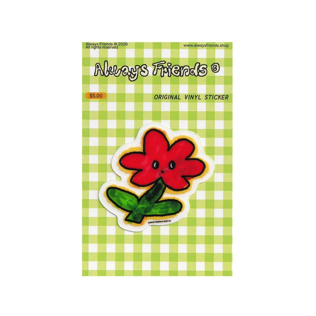 A red flower vinyl sticker with a smiling face and green leaves, shown on a light green and white checkered backing card labeled 'Always's Friends' and 'Original Vinyl Sticker'.