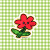 A die-cut sticker featuring a cute red flower with a smiling face and green leaves, centered on a light green and white gingham checkered background.