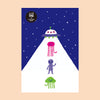 Illustration of a UFO and three colourful alien characters on a mountain with a starry night sky.