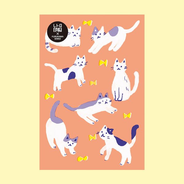 Illustrations of cats and bows on a peach background.