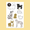 A sheet of dog illustrations featuring various dog breeds in black, white, tan, and grey watercolour-style drawings on a white background, set against a pale yellow backdrop.