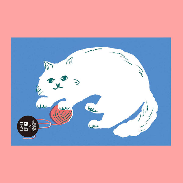 A stylised illustration of a white cat with green eyes and whiskers, playfully batting at a red ball of yarn on a blue background.