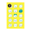 Illustrations of cats with different facial expressions on a yellow background.