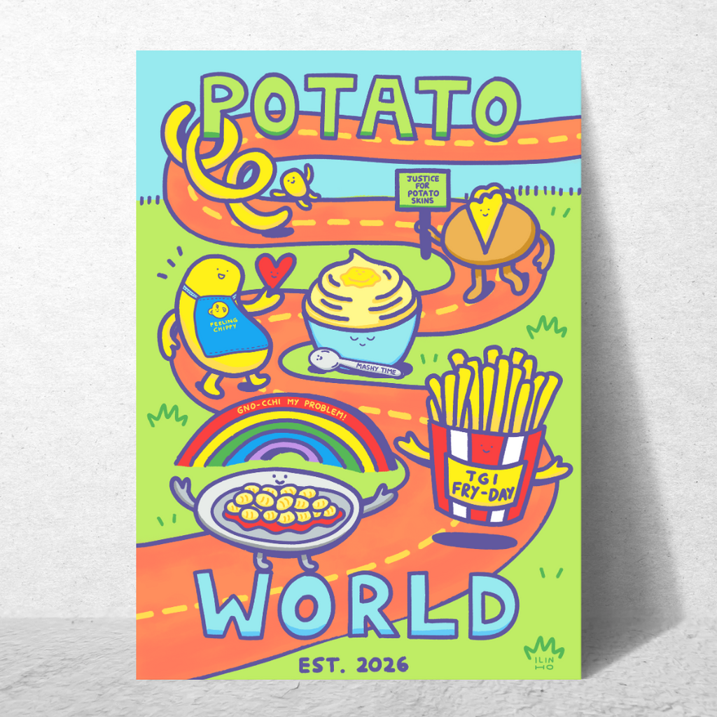 Colourful print with cartoon illustrations of a potato-themed world on a grey background