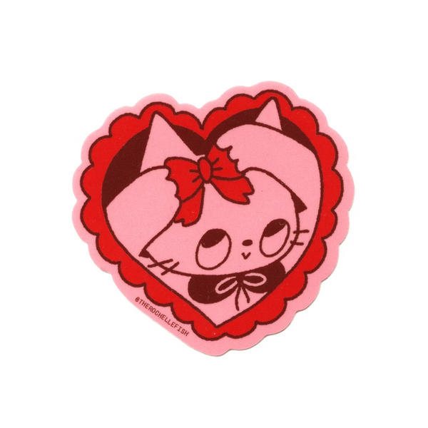 A heart-shaped pink and red patch featuring a cartoon cat face with a red bow, shown on a plain white background.