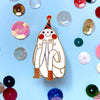Animated ghost character with a party hat on a blue background with colourful confetti
