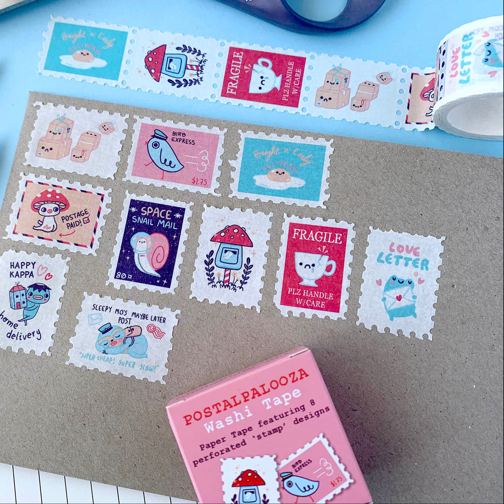 Collection of cute postage stamp designs on a piece of paper with a roll of tape labeled 'Postalpalooza' in the background.