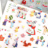 A sticker sheet of rabbit-themed illustrations, featuring colourful rabbits, flowers, and whimsical characters on a white backing card.