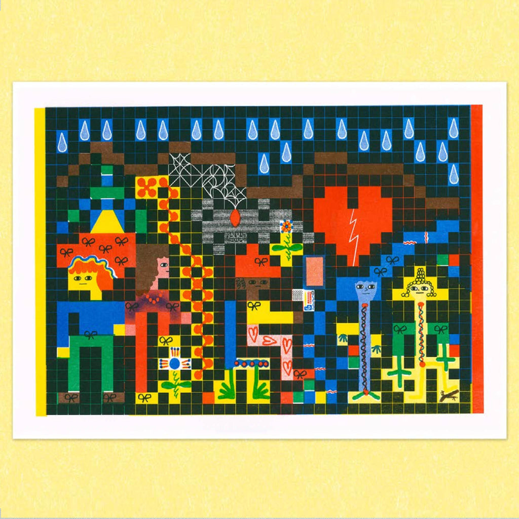 A colourful pixel art print featuring stylised figures, a broken heart, raindrops, and a grid pattern, displayed on a textured pale yellow background.
