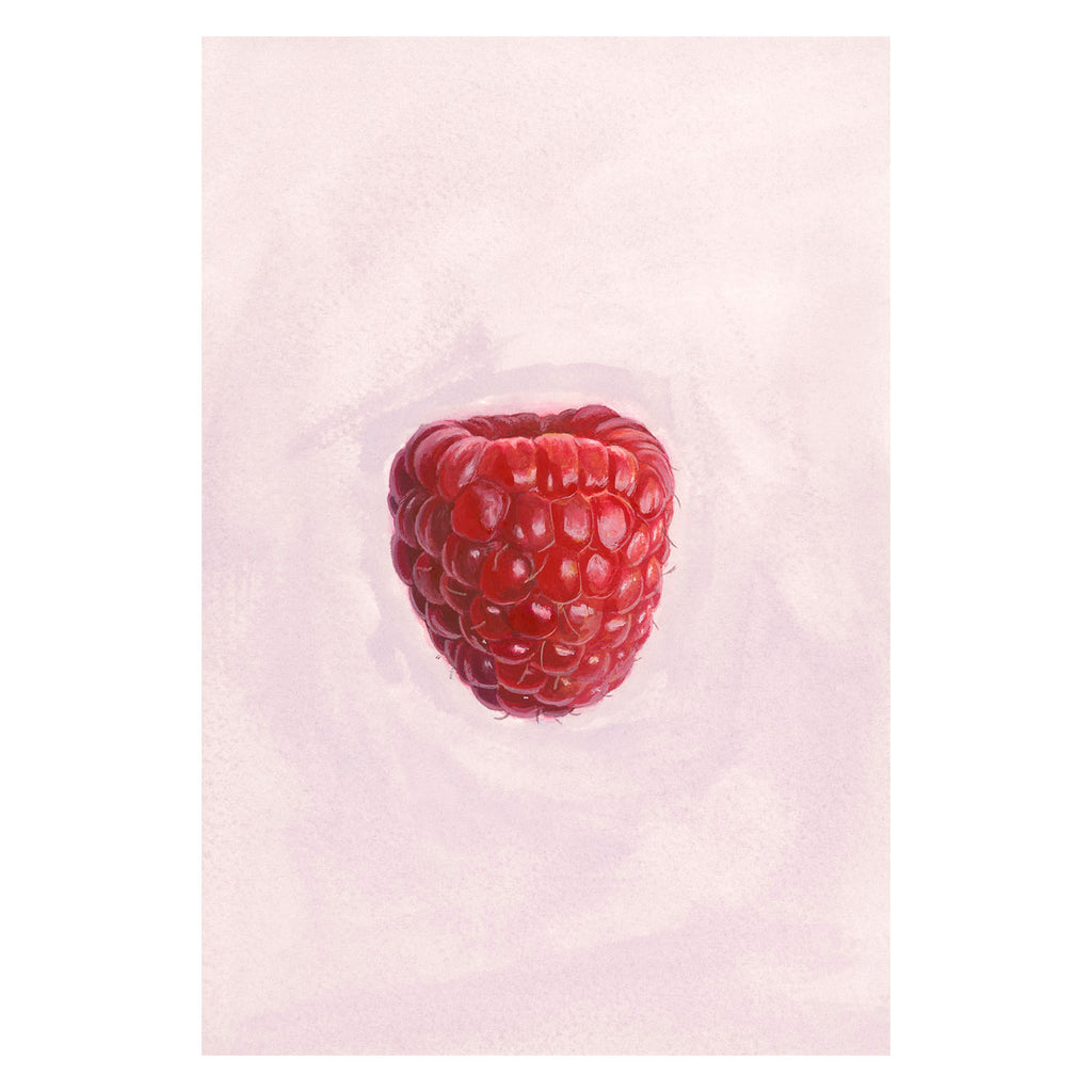 A centered painted raspberry on a soft pale pink background, presented as wall art with a white border around the print.