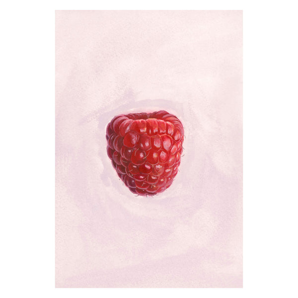 A centered painted raspberry on a soft pale pink background, presented as wall art with a white border around the print.