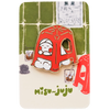 A Misu Juju enamel pin shaped like a red plastic stool with a cute cartoon character inside, mounted on its illustrated backing card.