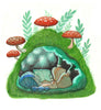 Illustration of a person reading a book in a mushroom house with red caps and green grass.