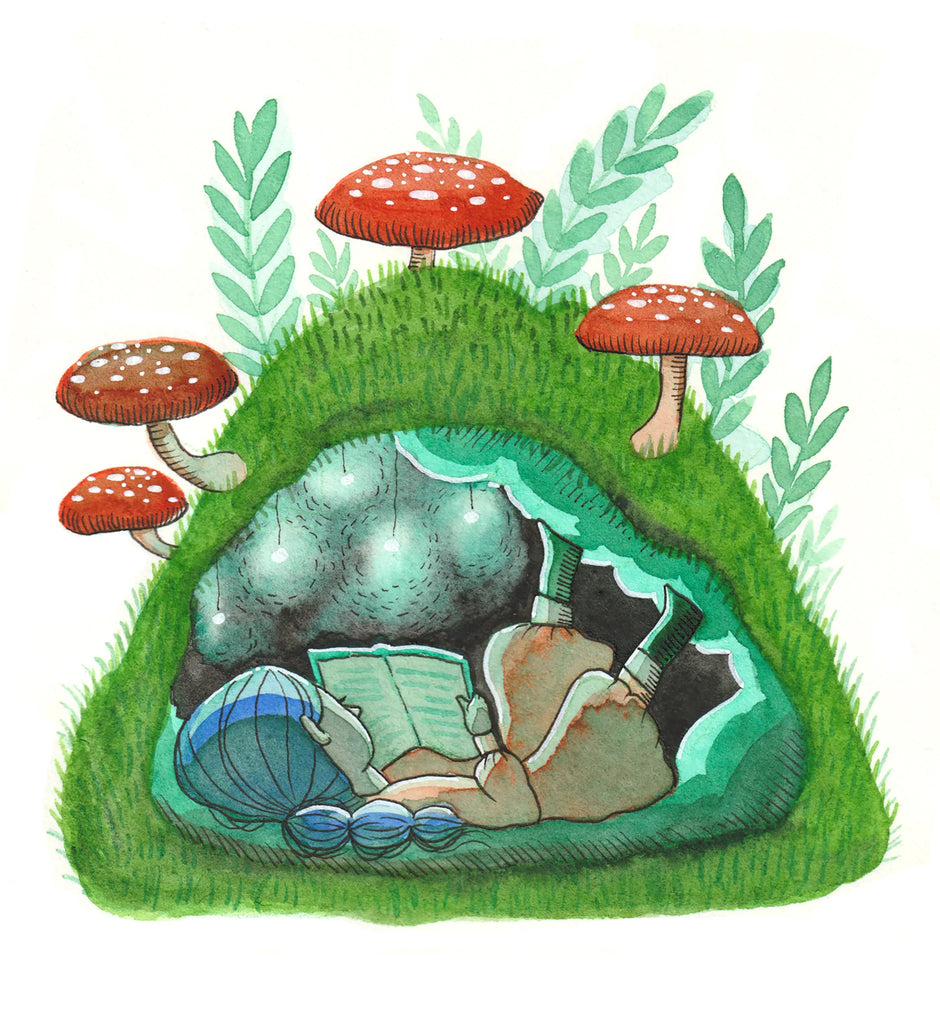 Illustration of a person reading a book in a mushroom house with red caps and green grass.