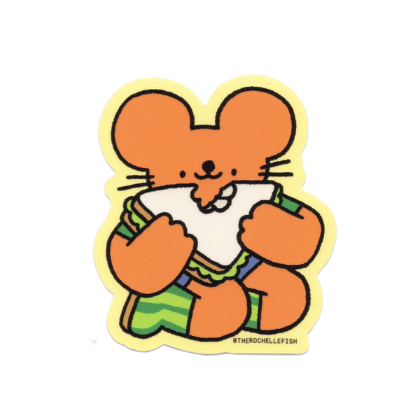 A sticker of a mouse cartoon eating a sandwich.