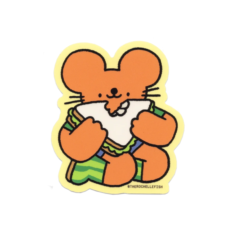 A sticker of a mouse cartoon eating a sandwich.