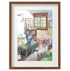 A framed watercolour painting of a cosy bedroom scene with a white cat walking across the floor.