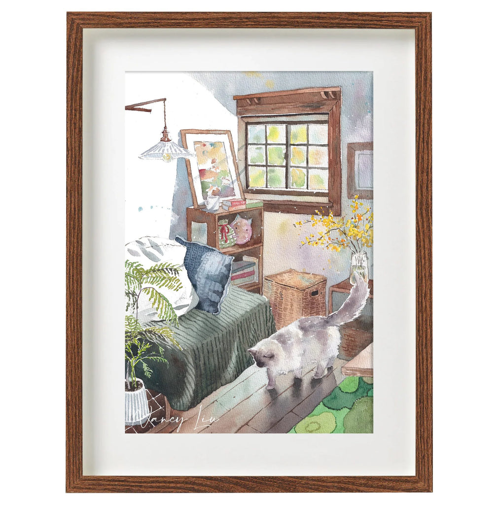 A framed watercolour painting of a cosy bedroom scene with a white cat walking across the floor.