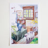 An unframed watercolour painting of a cosy bedroom scene with a white cat walking across the floor.