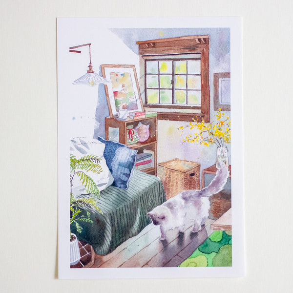 An unframed watercolour painting of a cosy bedroom scene with a white cat walking across the floor.