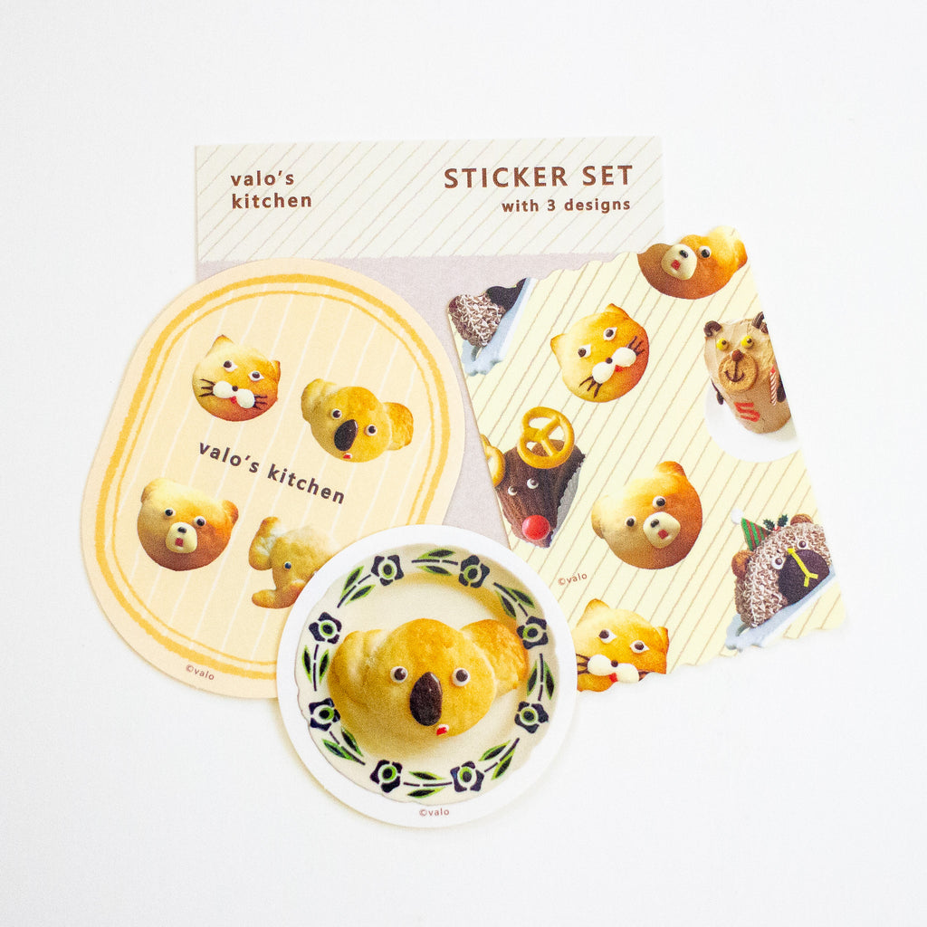 A sticker set from 'valo's kitchen' featuring cute cartoon koala bear illustrations on various shapes and patterns, displayed on a clean white background.