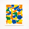 Top view of the shuh and spruce eco friendly dishcloth. Print features multicoloured shapes in green, orange, yellow, and blue. White background. 