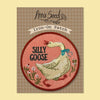 Iron-on patch with a goose design on a checkered backing card. 