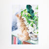 A watercolour art print featuring an orange tabby cat sitting beside a glass vase filled with white flowers and green leaves, displayed against a clean white background.