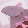 A closed-up of an illustrated square print of a rat sleeping on a pillow and tucked in under a blanket. 