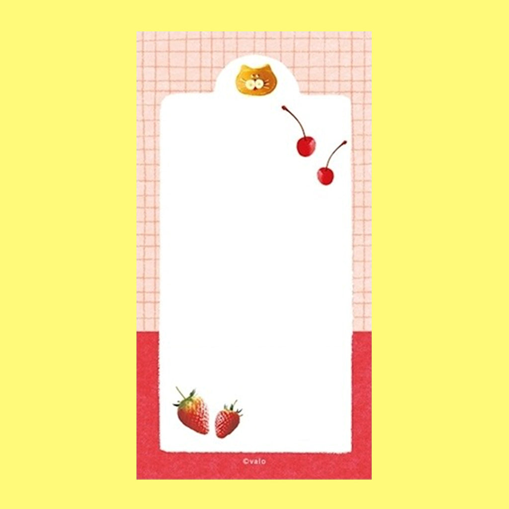A small notepad with a cute cartoon food and animal illustration.