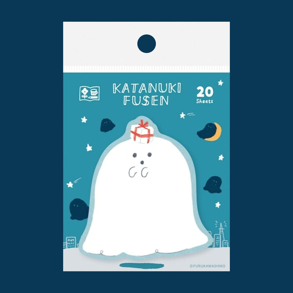 A package of 20 'Katanuki Fusen' sticky note sheets, featuring a cute white ghost illustration with a small red gift box on its head against a teal background, set against a dark blue backdrop.
