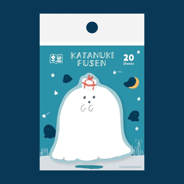 A package of 20 'Katanuki Fusen' sticky note sheets, featuring a cute white ghost illustration with a small red gift box on its head against a teal background, set against a dark blue backdrop.