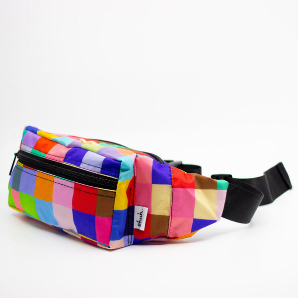 Colorful checkered fanny pack on a white background